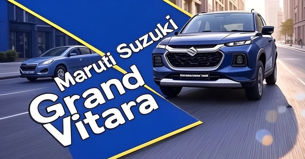 Maruti Suzuki Grand Vitara, a sleek compact SUV driving on a sunny urban road.